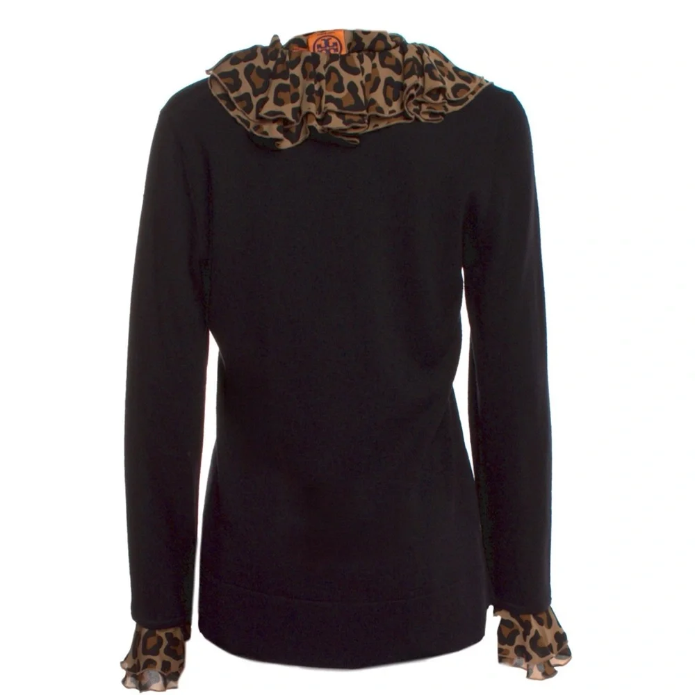 TORY BURCH • Leopard Print Ruffle Black Sweater Top